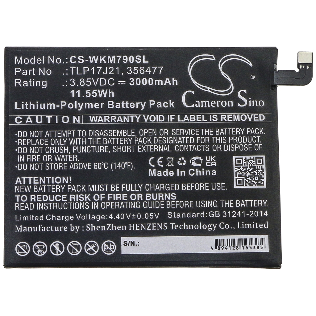 Sostituzione della batteria compatibile per Wiko 356477,TLP17J21